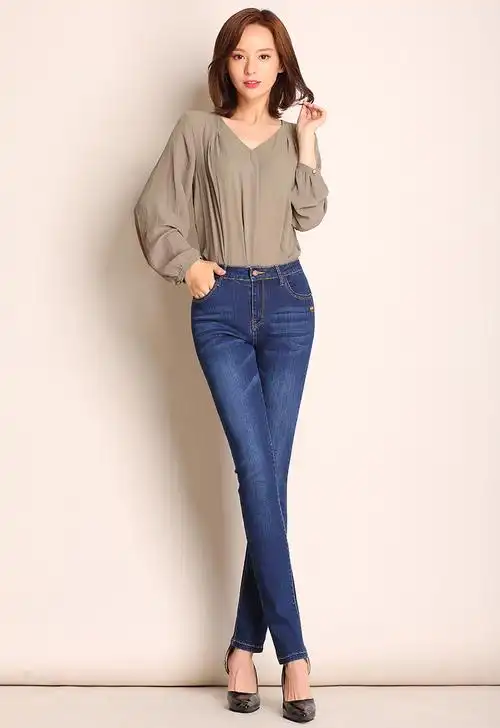 恒源祥女装高腰牛仔裤女2021年新款春秋大码女士小脚修身中年妈妈加绒