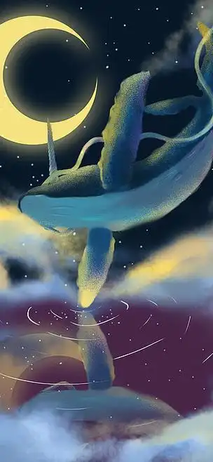 唯美梦幻鲸鱼插画蓝色星空梦境独角鲸手绘